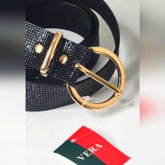 Vera Black Rhinestones Belt with Gold Round Buckle 43" - Picture 5 of 8